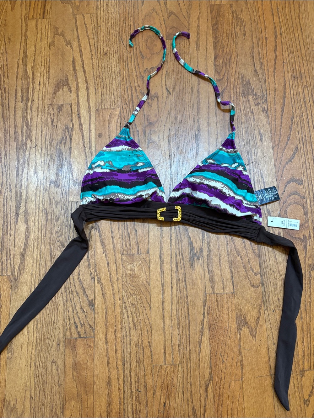 Faded Glory Purple, Teal & Black Triangle Bikini Top with Gold Buckle